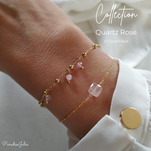 Bracelet pierre quartz rose carré et chaine en or gold filled